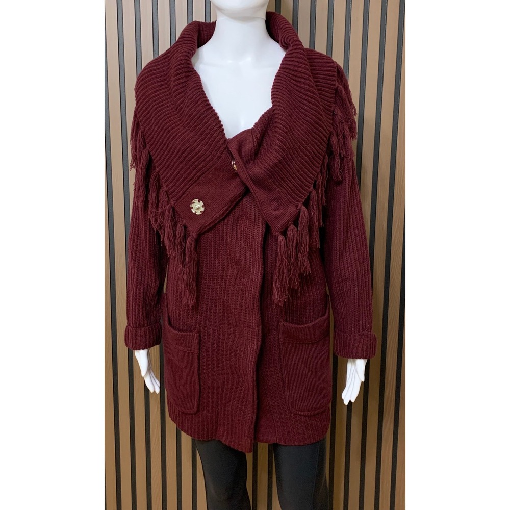 Entro Burgundy Ribbed Knit Fringe Shawl Collar Cardigan Sweater S Classic